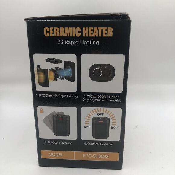 New Ceramic Heater 2S Rapid Heating 1000W Black Thermostat Control - Picture 4 of 4